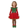 thumbnail image 4 of VNKIDY Girls Outfit Christmas Kids Elf Fancy Dress Set Green Red Long Sleeve Button Down Dress With Ruffled Shoulders Striped Socks Elf Hat Pointed Shoes For Santa Celebration Lovely Sets, 4 of 7