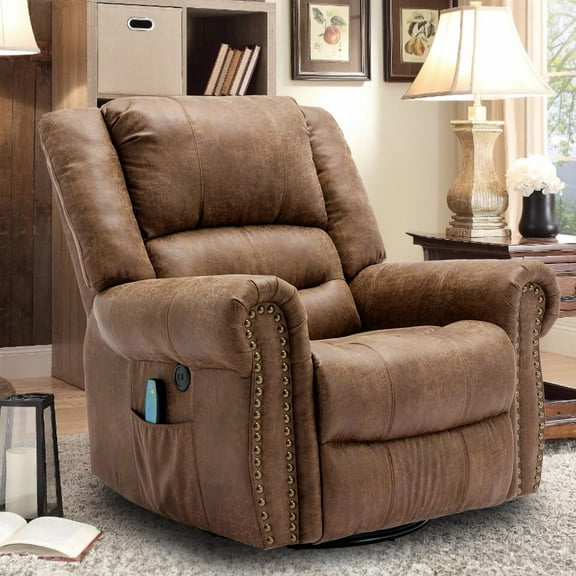 OUINCH Manual 360° Swivel Suede Like Fabric Rocker Recliner with Massage and Heat, USB Ports, Brown