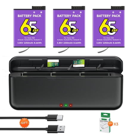 CITYORK 3-Pack Rechargeable DJI Osmo Action 5 Pro Batteries 2250mAh with 3-Channel Fast Charger Hub for DJI Osmo Action 5 Pro,Osmo Action 4 and Osmo Action 3