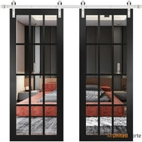Sturdy Double Barn Door with | Felicia 3355 Matte Black with Clear Glass | 13FT Rail Hangers Heavy Set | Solid Panel Interior Doors