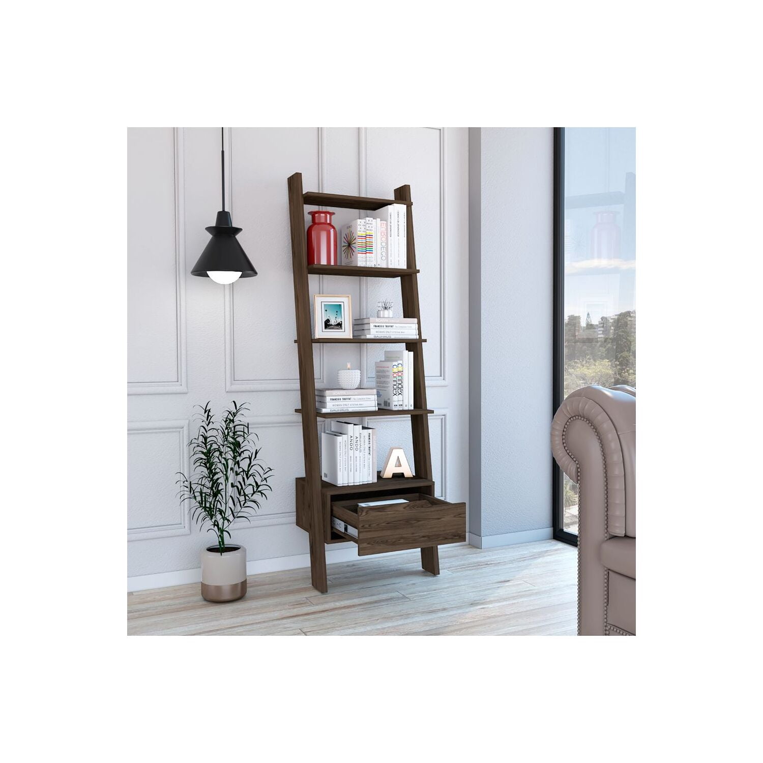 FM FURNITURE Hamburg Engineered Wood Ladder Bookcase in Dark Brown