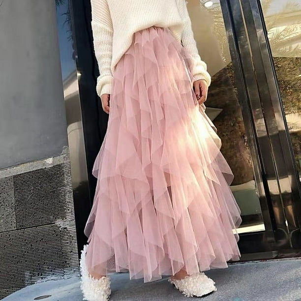 EIMELI Women s Long Tulle Skirt Pleated A Line Layered Tutu Skirt High Waist Mesh Flowy Maxi Skirt Walmart