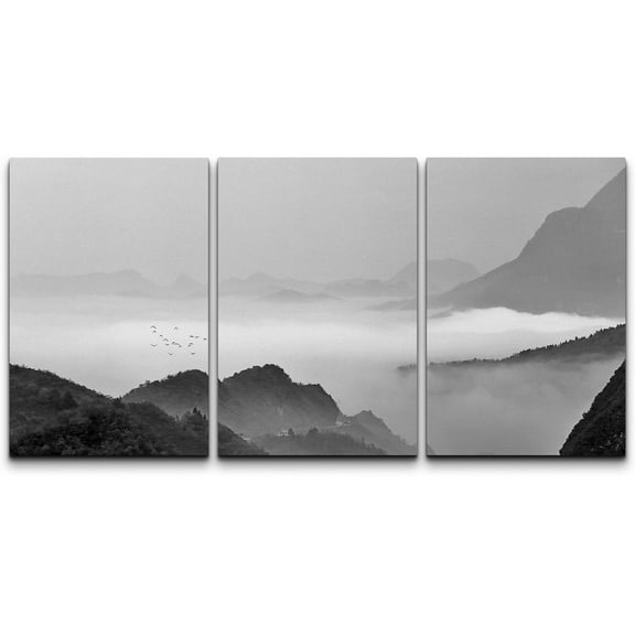 wall26 3 Panel Canvas Wall Art - Landscape of Mountains in The Mist in Black and White - Giclee Print Gallery Wrap Modern Home Art Ready to Hang - 24"x36" x 3 Panels