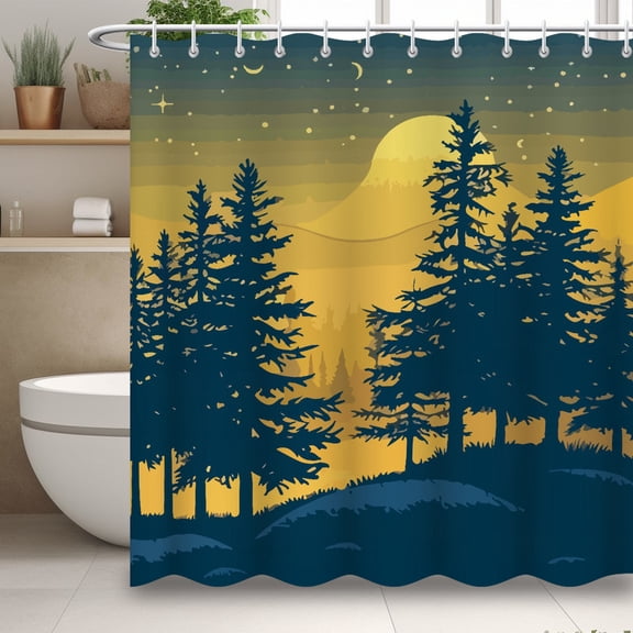 Modern Minimalist Shower Curtain, Forest Print Shower Curtain, Simple Bathroom Decor with 12 Hooks