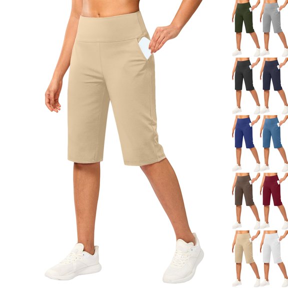 Knee Length Shorts Women Bermuda Summer Stretch Loose Capris High Waisted Athletic Capri with Pockets Khaki XL