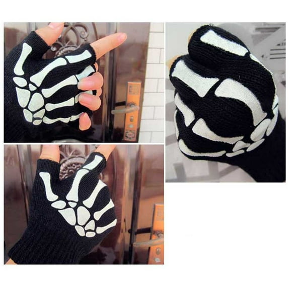 New Punk Gloves Unisex Skeleton Skull Half Finger Gloves, Fingerless Stretch Knitted Winter Mittens, Skull Gloves