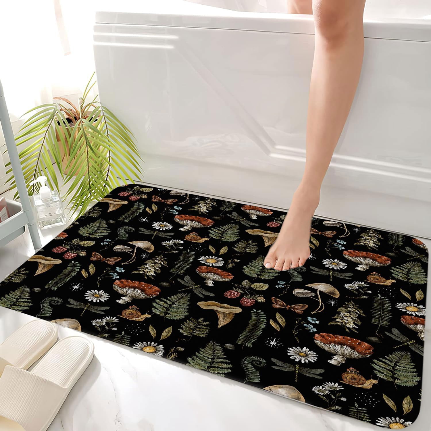 Vintage Mushroom Boho Bathroom Rugs, Magic Fairy Witchy Woodland Nature Plant Bath Mat, Hippie Botanical Floral Aesthetics Outdoor Rug, Soft Non Slip Floor Rugs for Living Room Kitchen Doormat, 17x29
