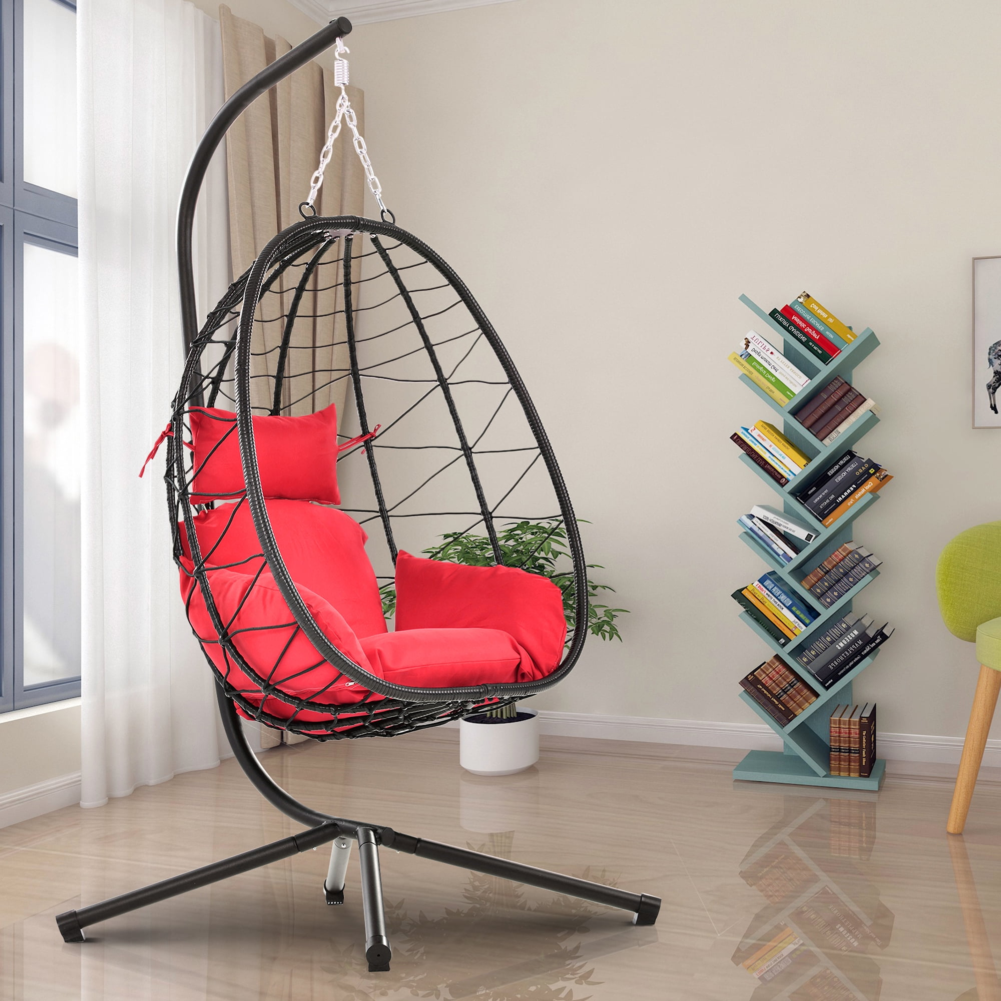 Hanging Hammock Chair, Wicker Egg Chair with Comfortable Seat and Back Cushion, 350LBS Capacity Egg Chair w/Stand, Durable All-Weather UV Rattan Lounge Chair for Patio, Deck, Yard, Garden, Red, SS1955