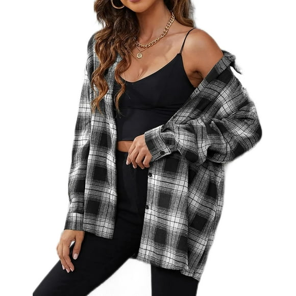 Ladies Oversized Flannels Button Up Black White Long Sleeve Plaid Shirt Casual Fall Jackets Work Office Clothing Trendy M