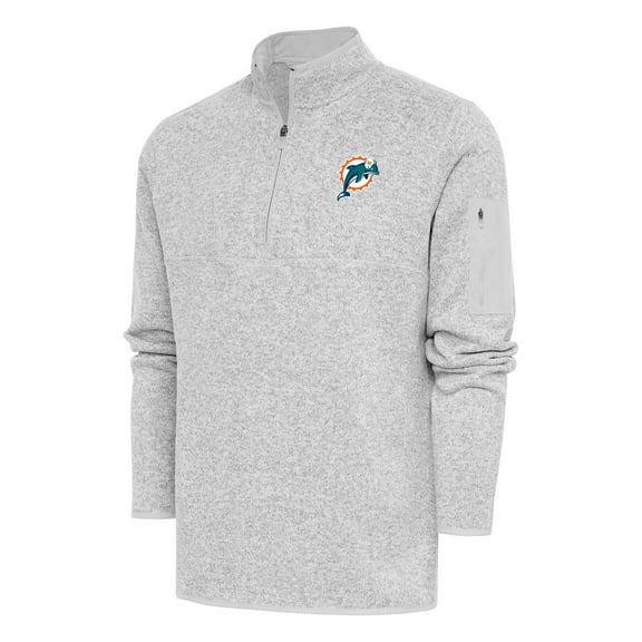 Men's Antigua Heather Gray Miami Dolphins Throwback Fortune Quarter-Zip Pullover Jacket