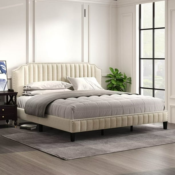 King Size Bed Frame, Modern Platform Bed Frame with Velvet Curved