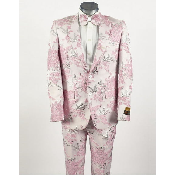 Mens 2 Button Pink, Silver, & White Floral Paisley Prom and Wedding Tuxedo By Alberto Nardoni Brand Designer