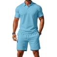 thumbnail image 2 of Men's Casual 2-Piece Quick-Dry Set, Loose Breathable Short Sleeve Polo Shirt and Elastic Waist Shorts, Summer Outfit For Travel and Sports,Light Blue,M, 2 of 6