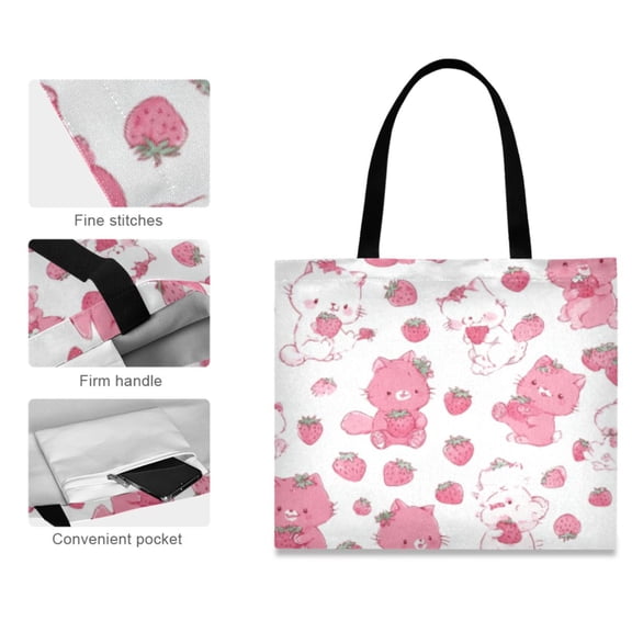 Canvas Tote Bag for Women Girls Design Print Pink Kitty Strawberry Totes