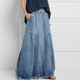 thumbnail image 2 of WTOBBY Women's Patchwork Denim Skirt Casual Loose Fit Side Pockets Solid Color Mid Length Comfort Stretch Washed Blue Jeans Skirt,Light Blue M, 2 of 5