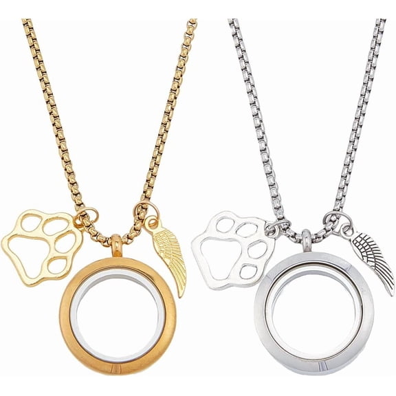 2Pcs Pet Hair Memorial Necklace Stainless Steel Fur Ashes Keepsake Necklace Clear Glass Locket Necklaces with Wing Paw Cat Dog Urn Picture Memorial Jewelry for Women Men Personalised Gift Colorful