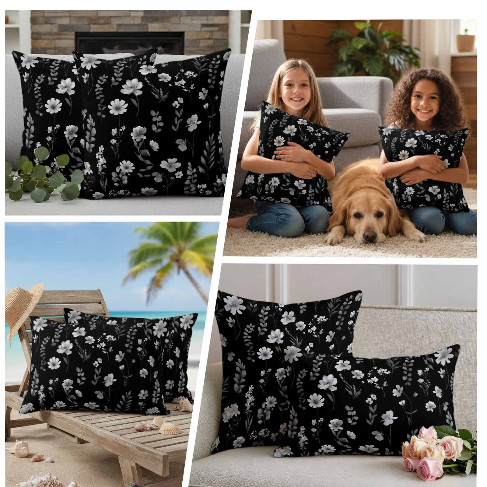 Outdoor Waterproof Throw Pillow Covers Set of 2 Black Wildflowers Decorative Pillowcases Square Outdoor Pillows Cushion Case 18x18 Inch Spring Floral Leaves Patio Pillows for Couch Sofa Bed Garden