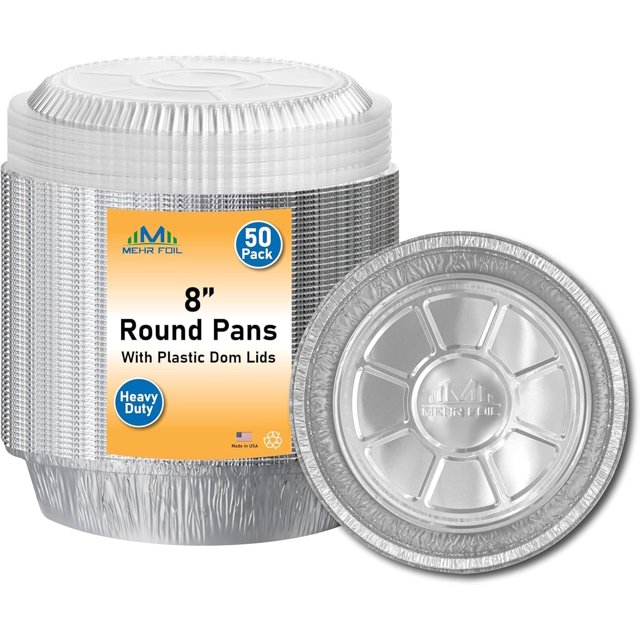 Mehr Foil 8’’ Round Aluminum Foil Pans with Lids | 50 Pack | Disposable Pans Freezer & Oven Safe - Disposable Takeout Pans with Clear Plastic Dome Lids, Backing, Cooking, Storage