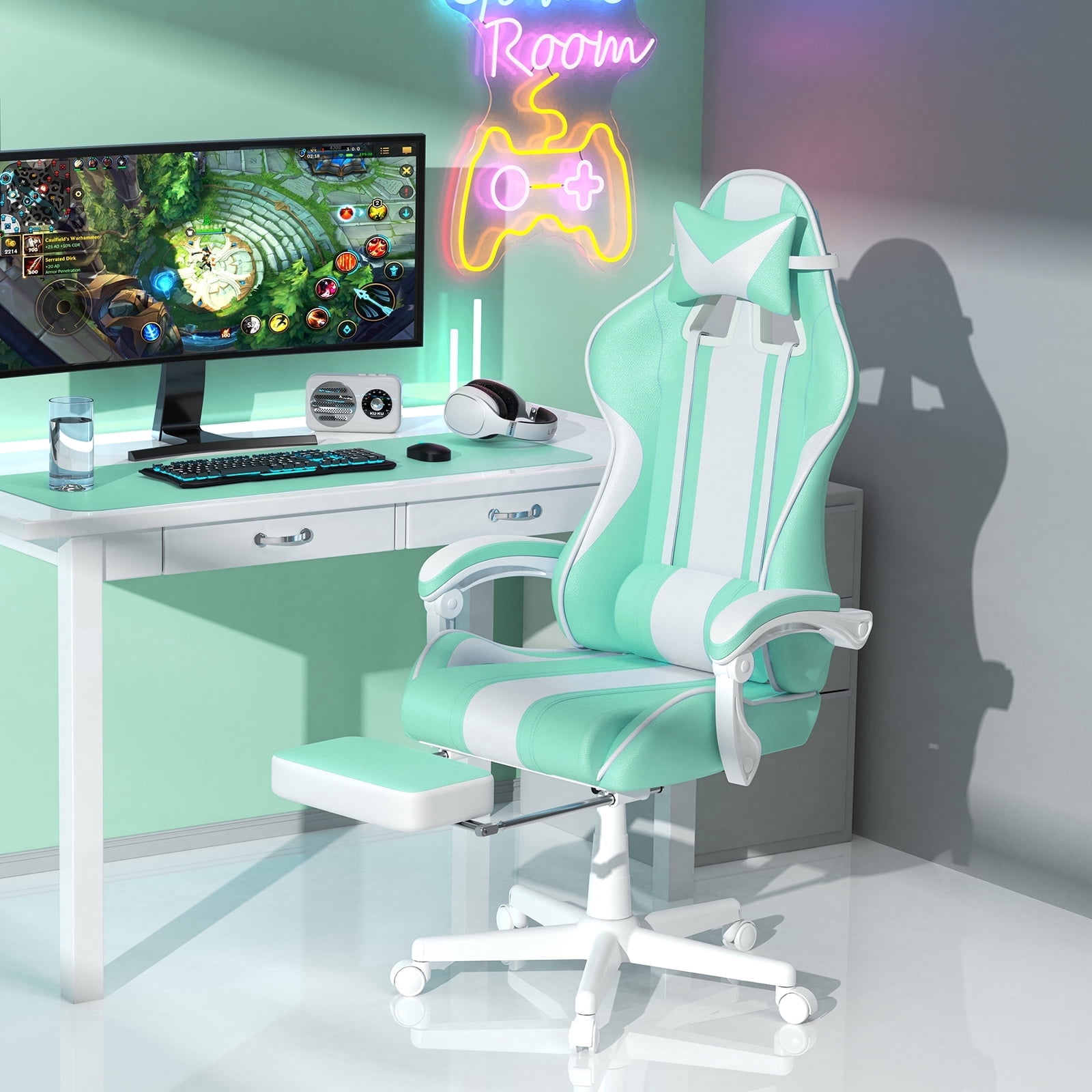 SOONTRANS Gaming Chair with Footrest, Girl Leather Gamer Game Chair for Adult, Reclining Adjustable Game Office Chairs Massage Pillows, Video Computer Chair with Bunny Ears, Green