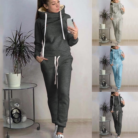 SEMPAI Casual Long Hooded Fashion Solid Pants Women Sleeve Sport Tops Long Set Women Suits & Sets
