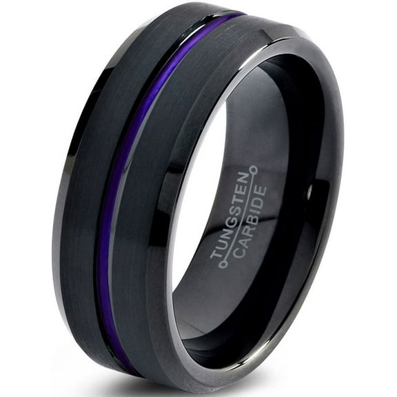 P. Manoukian Tungsten Wedding Band Ring 8mm for Men Women Purple Black Beveled Edge Brushed Polished Lifetime Guarantee Size 6