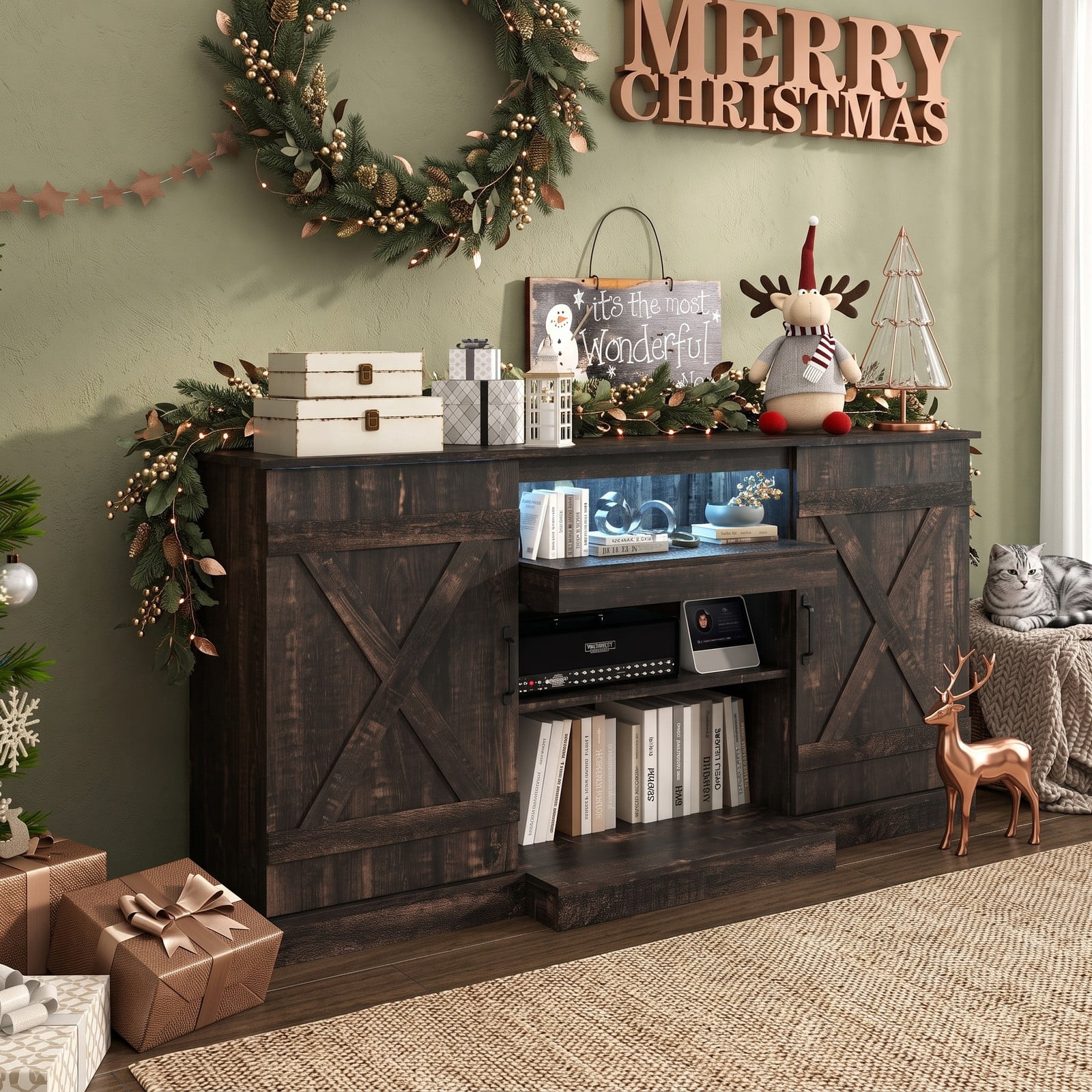 Furnibear 58 Inch Fireplace TV Stand for TVs up to 65 Inch, Rustic Wood Grain Entertainment Center with 20 Color LED Lights, Adjustable Shelves and 2 Cabinets, Brown