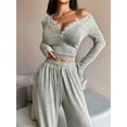 thumbnail image 6 of Women'S Fall Two Piece Outfits V-Neck Long Sleeve T Shirt Wide Leg Pants Lounge Sets Casual Tracksuit Light Gray XL, 6 of 9