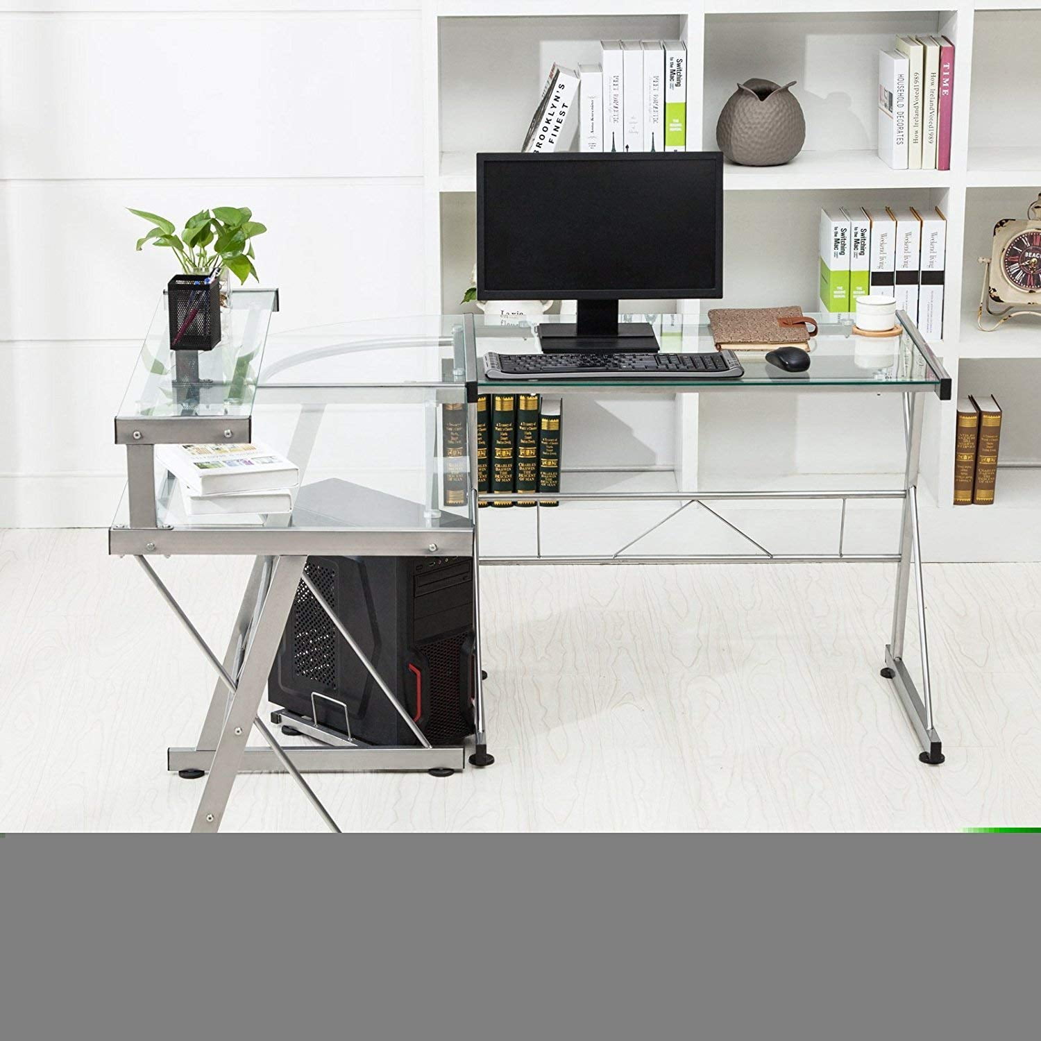 Glass /& Metal Clear Glass Laptop PC//Computer Table Workstation Home Office Furniture Mecor L-Shaped Corner Computer Desk with Shelf /& Stand