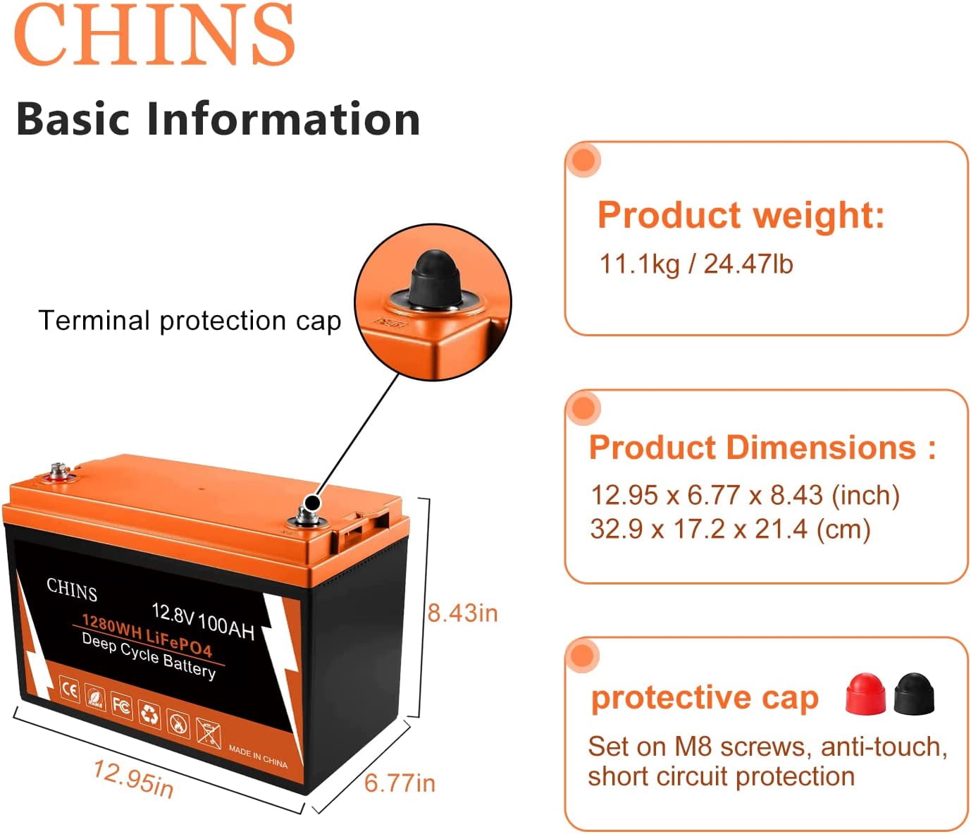 CHINS Bluetooth LiFePO4 Smart 12.8V 100AH Lithium Iron Battery Low Temperature Charging Mobile Phone APP