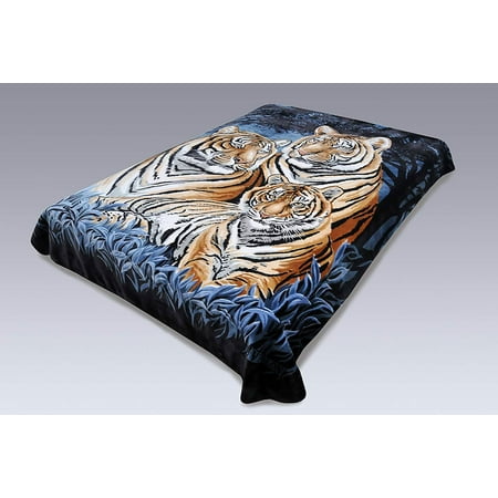 Tiger Mink Blanket - Solaron Korean Super Thick Heavy Weight Mink Blanket (King, 3 Tigers Blue)