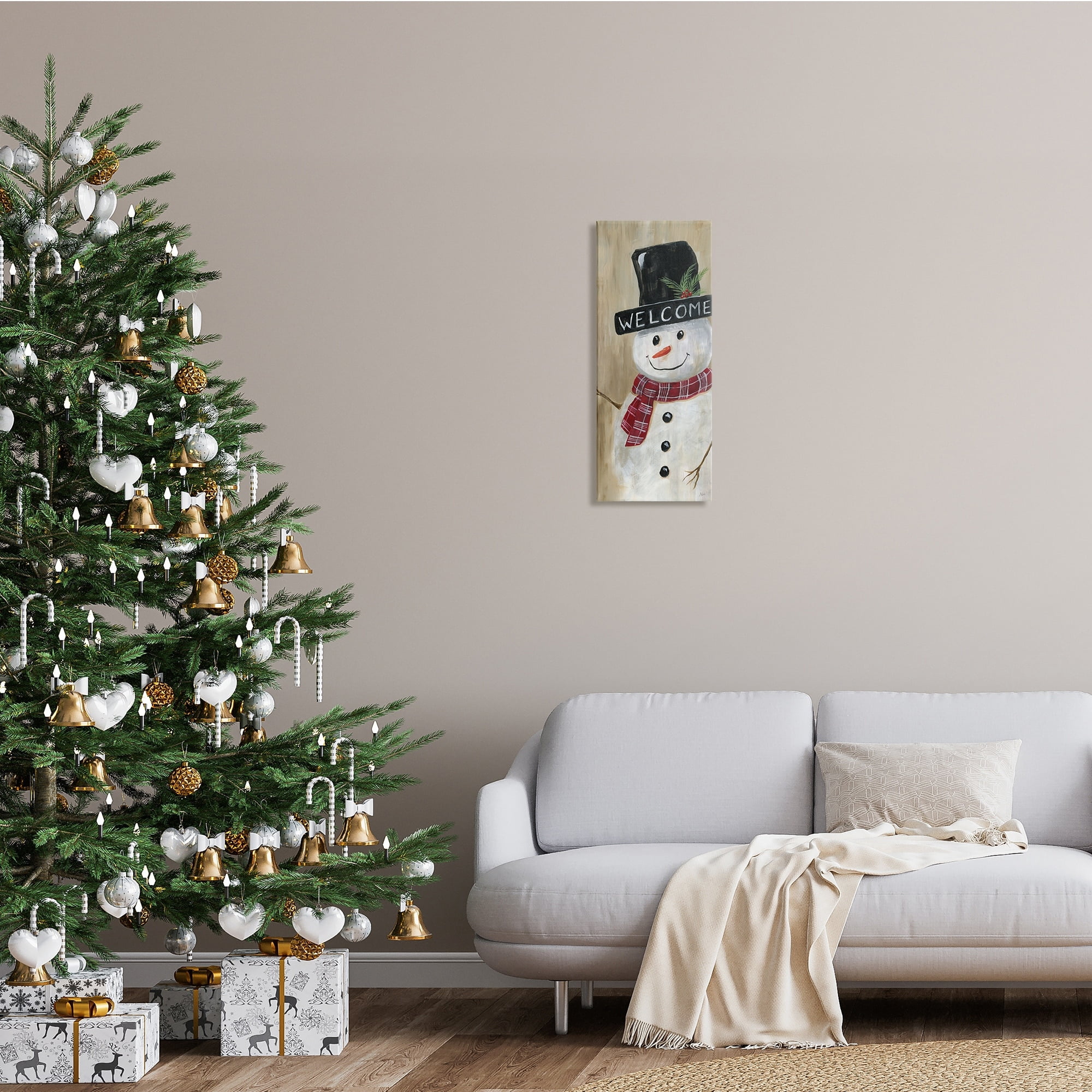 Stupell Industries Welcome Greeting Rustic Winter Snowman Festive Holly Hat, 20 x 48, Design by Nan