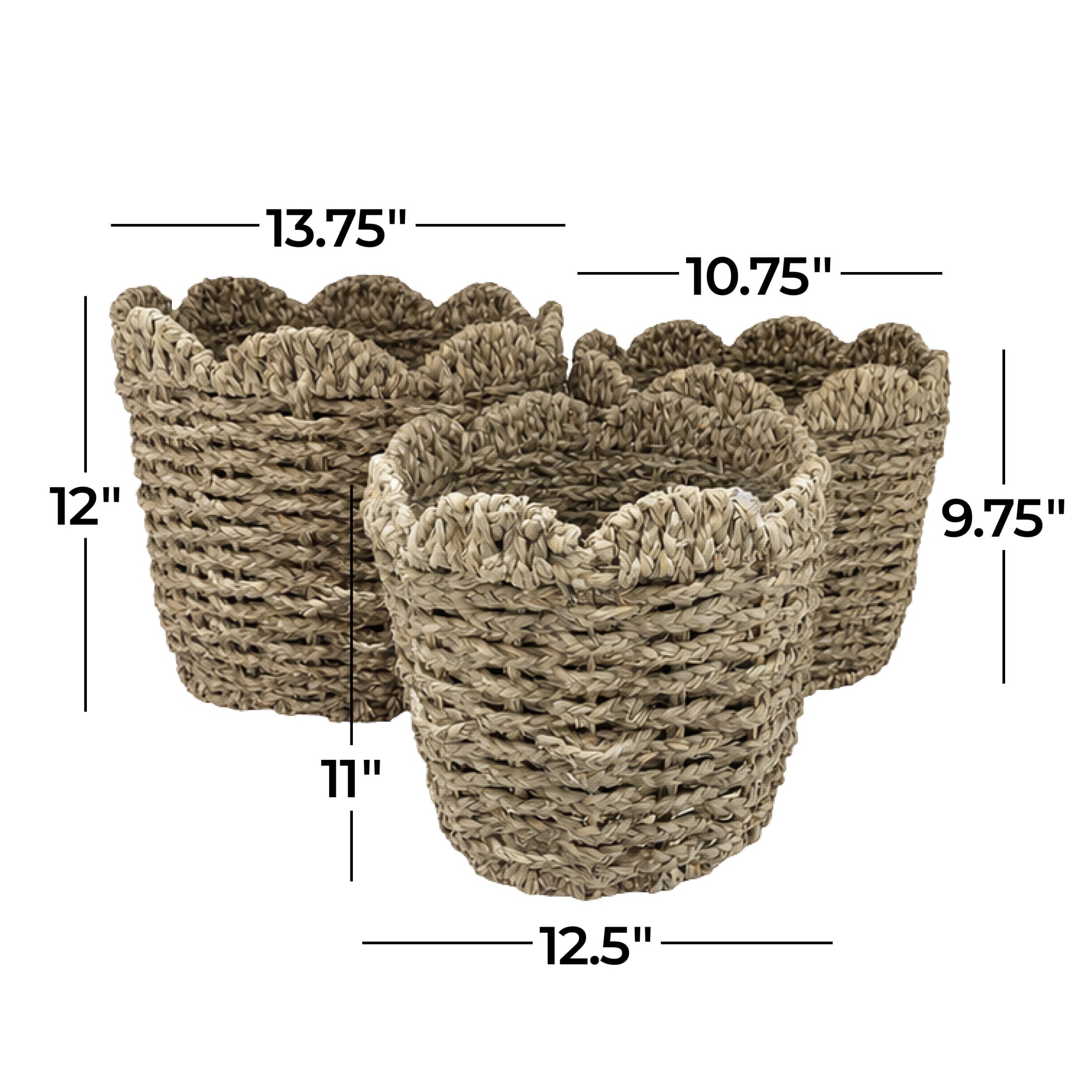 DecMode 10", 11", 12"H Brown Seagrass Handmade Woven Storage Basket with Wavy Edges, 3-Pieces