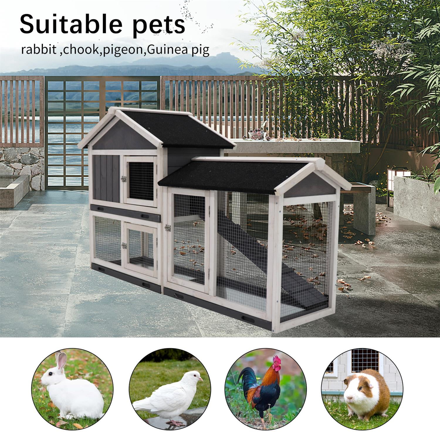Pefilos 61" Rabbit Hutch, Indoor Outdoor Double Layer Luxury Rabbit Cage with Run, No Leak Tray and Removable Bottom Wire Mesh, Gray Pefilos 61" Rabbit Hutch, Indoor Outdoor Double Layer Luxury Rabbit Cage with Run, No Leak Tray and Removable Bottom Wire Mesh, Gray