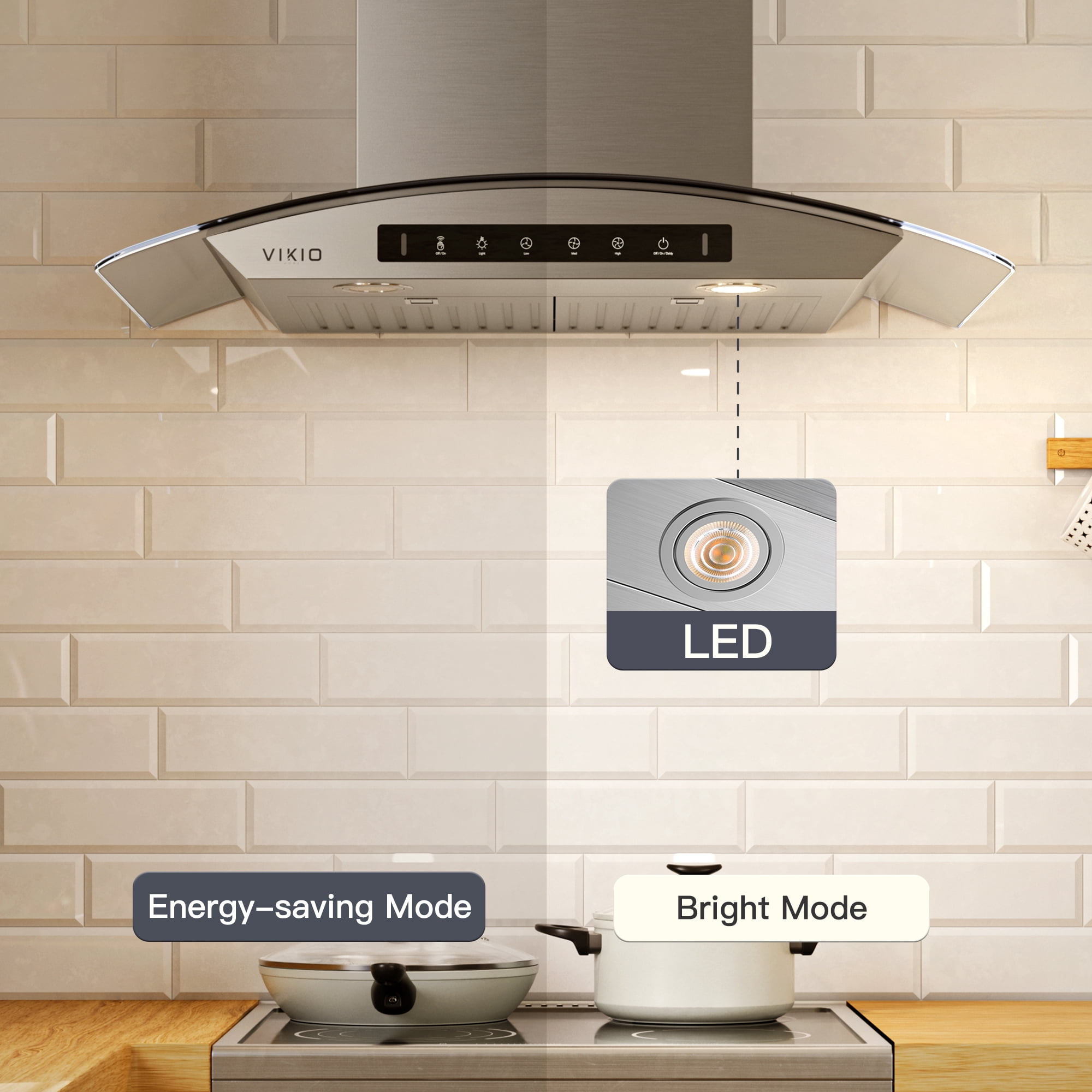 VIKIO 30 inch Wall Mount Range Hood, Stainless Steel and Glass, 800 CFM, 3-Speed, Ducted, Gesture Sensing Control&Touch Pad