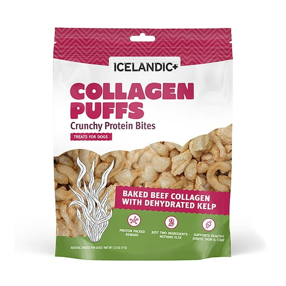 Icelandic  Collagen Puffs: Baked Beef Collagen W/ Dehydrated Kelp 2.5oz - Treats For Med-Lg Dogs, Crunchy Protein Bites