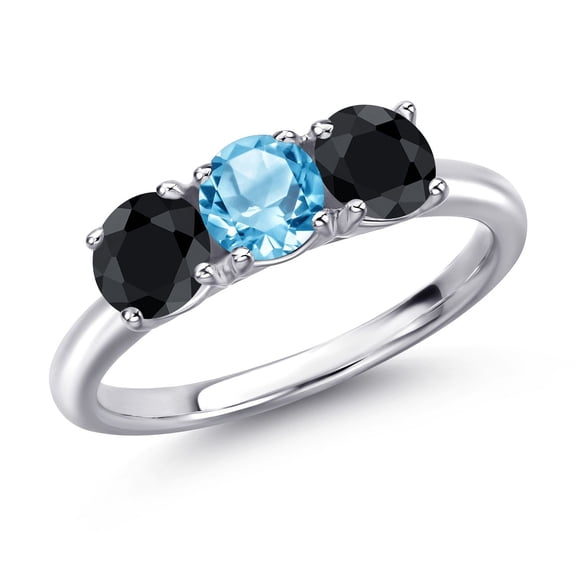 Gem Stone King 925 Sterling Silver Swiss Blue Topaz and Black Sapphire Engagement Ring for Women | 2.03 Cttw | Round 5MM | Gemstone November Birthstone | Size 5
