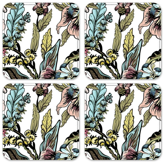 Vinyl Drink Coasters - Set of 4 - Blue & Pink Flower Drawing
