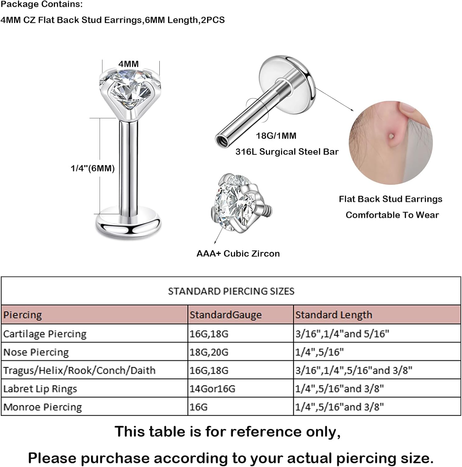 16g Quality 6mm/8mm Bar 2/3/4mm Cubic Zirconia Gem Ear Cartilage Tragus Helix Studs Earrings Lip Labret Piercing[u287]