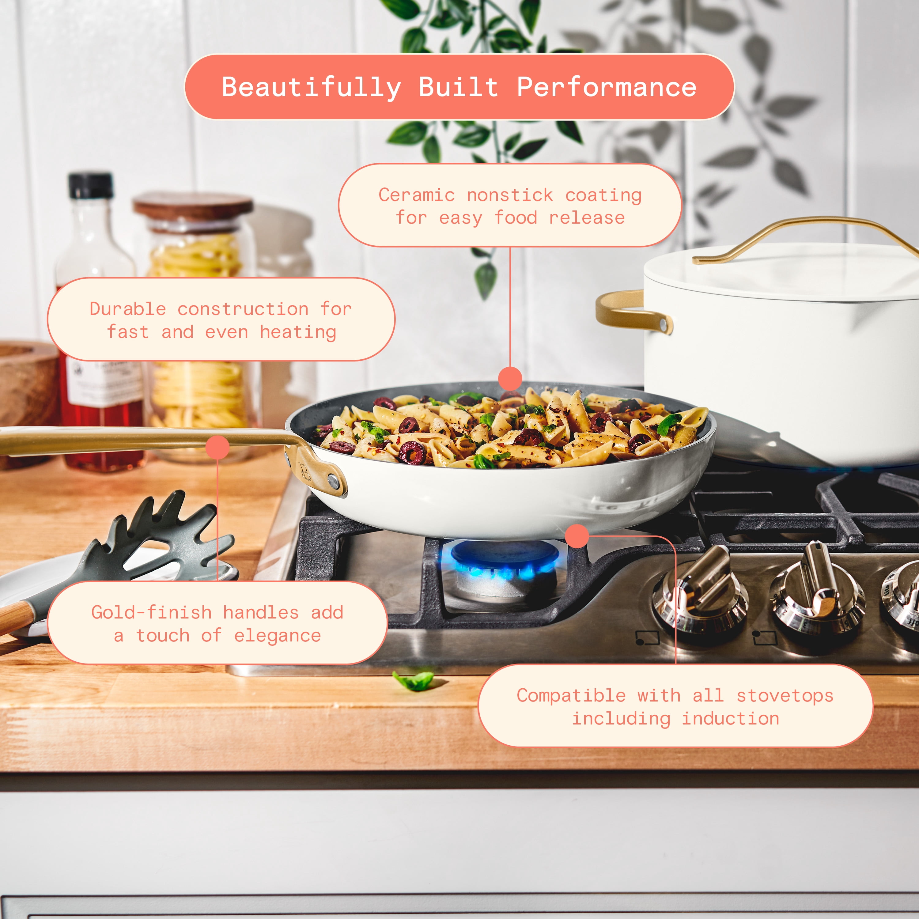 Beautiful 18-Piece Ceramic Nonstick Cookware Set, Pots & Pans with Strainer Lids & Kitchen Utensils, White Icing by Drew Barrymore