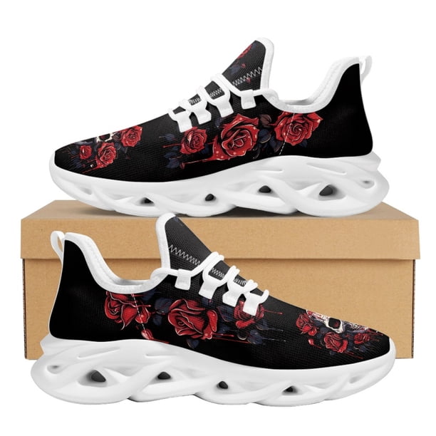 Nueva tendencia, zapatillas para correr para mujeres y hombres adolescentes, zapatillas vintage con diseño de calavera floral y malla acolchada, calzado para caminar bajo y poco profundo.
