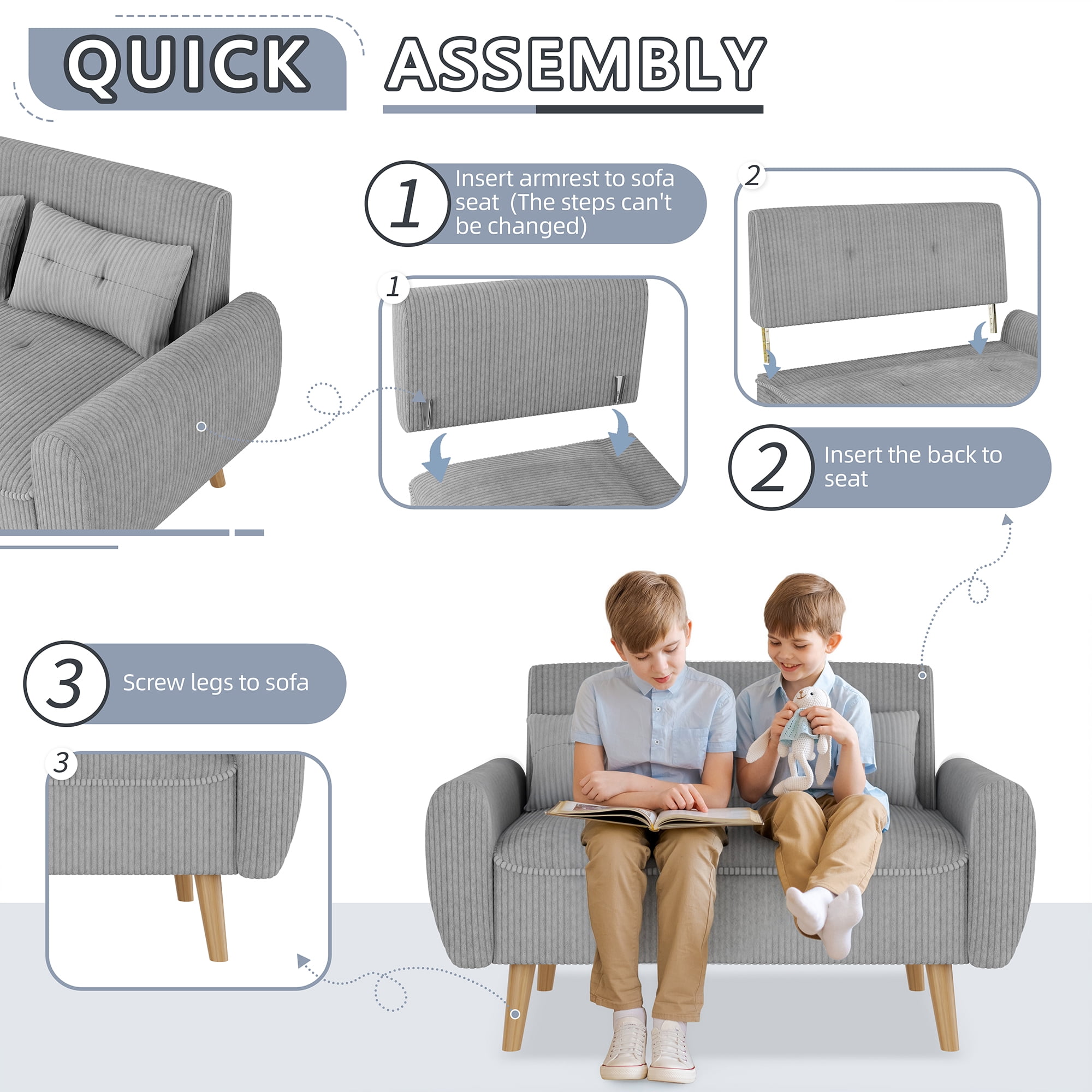 Walsunny 49" Loveseat Sofa Couch, 2-Seat Fabric Upholstered Sofa with 2 Removable Pillows, Modern Loveseat Couch, Wood Leg, Light Grey