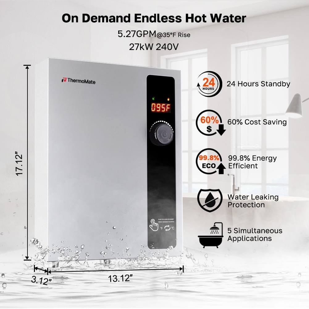 ThermoMate 27kW 240 Volt Electric Tankless Water Heater, Reliable Hot Water for Home, Shop, Cabins