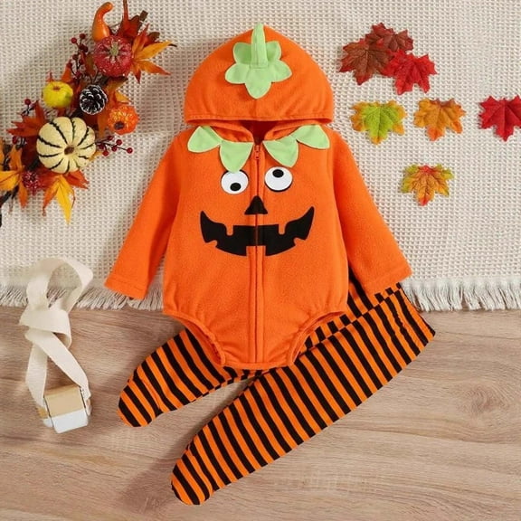 SYMOID Kids Boys Pumpkin Hall-oween Costume Set, Orange Jack-o-Lantern Hooded Zip-Up Outfit with Striped Pants for Kidss Kidss 0-24 Months,Size 18 Months