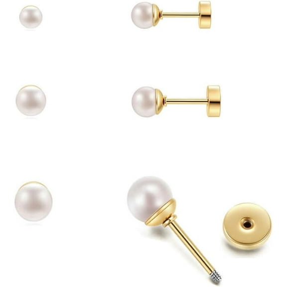 3Pairs Flatback Pearl Stud Earrings Set for Multiple Piercing|Dainty 4mm 5mm 6mm Pearl Earrings for Helix Tragus Cartilage Piercing for Women