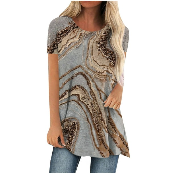 Blusa de camiseta informal con estampado de manga corta y cuello redondo de verano para mujer a la moda Fridja hjk1372