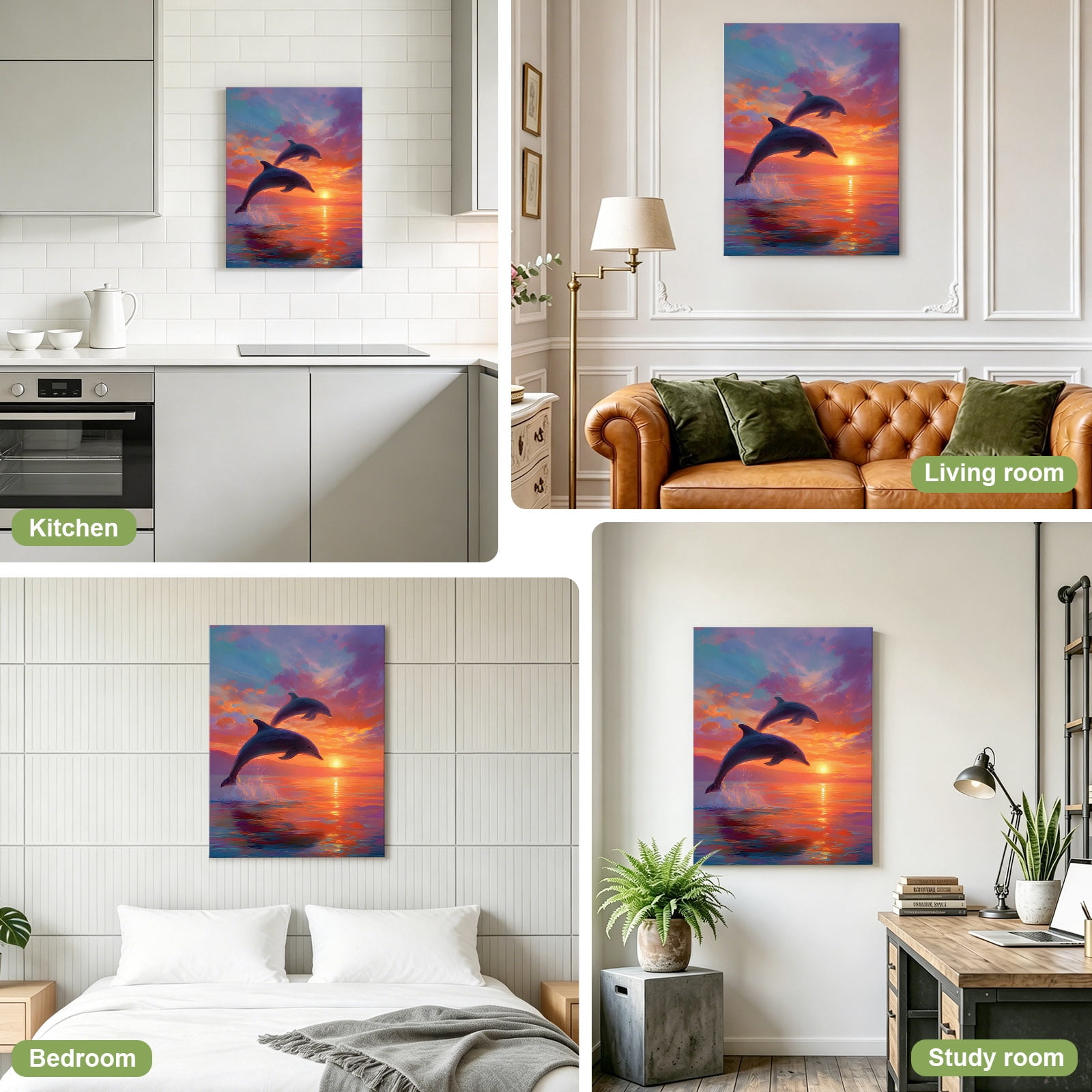 Sunset Dolphin Canvas Wall Art for Living Room, Dreamy Sunset Jumping Dolphins Wall Decor Framed Artwork Pictures Ready to Hang for Bedroom Office Home Decor