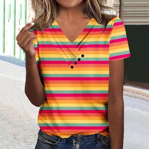 POTETI Womens T-Shirts Orange Stripe V-neck Casual Short Sleeve SpringTops
