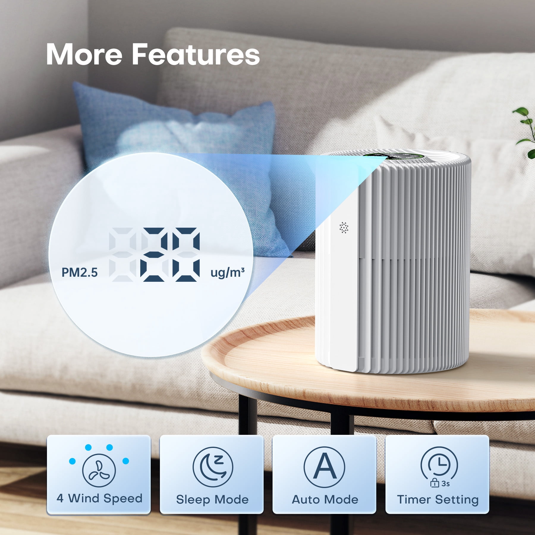 Breezome Air Purifier for Home, HEPA Air Cleaner with Smart WiFi Control, Air Quality Monitor & Sleep Mode, Especially for Pet Hair, Dust, Smoke, Bedroom, Office, White