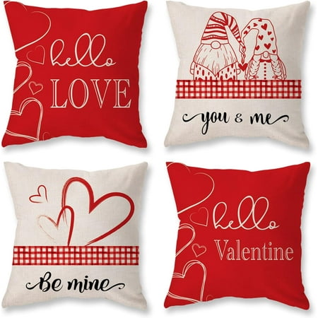 

Valentines Day Gnome Pillow Covers 18x18 Set of 4 Farmhouse Hello Valentine Red Love Heart Be Mine Decorative Throw Pillows for Sofa Couch Home Decor