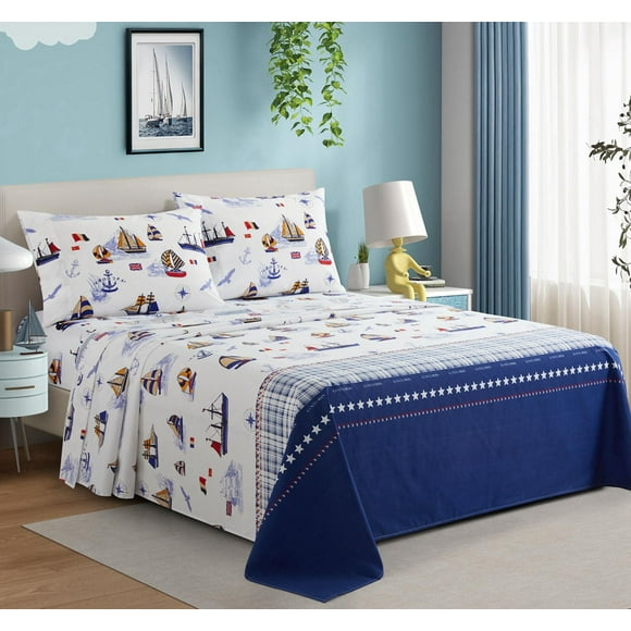 Marina Decoration Kids Boys Toddlers Cute Printed 600 Thread Count Soft Deep Pocket Cotton Blend Percale All Season Bedding Sheet Set, Nautical Sailing Boat Pattern